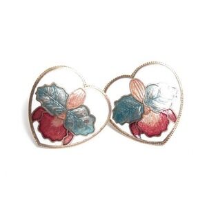 Vintage 25mm Heart Shape Orchid Cloisonne Enamel Pierced Earrings